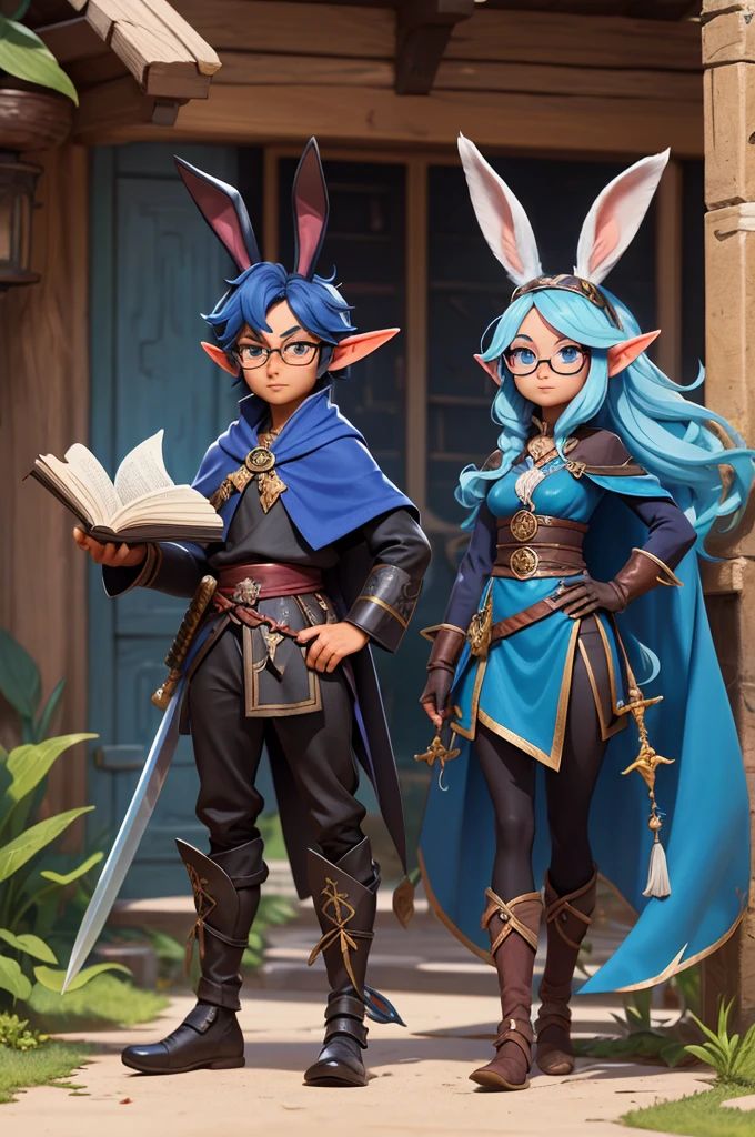 a rabbit with glasses with a book in one hand and a blue potion in the other hand, Two elves with swords in their hands and a black fox with black glasses, a katana and oriental clothing.