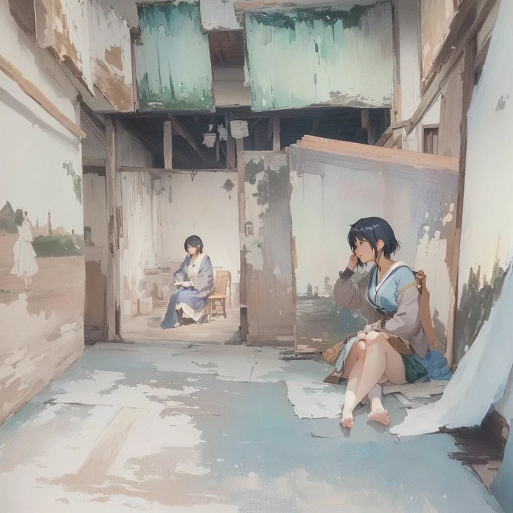 With paintings of women、Sitting in a room with paintings of men and women, by Kamisaka Sekka, by Rei Kamoi, in a village, by Kamaguruka, ( ( Makoto Shinkai ) ), by Eizan It's a gift, in style of Makoto Shinkai, Okada YoneyamatoBlazing flames, fire, crowd, throng, freezing, mother warming her baby.Scenery and Cityscape in the Early Meiji Era After the Meiji Restoration, Japan underwent rapid modernization and civilization. Consequently, many changes and reforms occurred. Below is a detailed explanation of the scenery, appearance of the poor, occupations, and cityscapes in the early Meiji period (1868 to the early 1880s). 2. Appearance of the Poor Life for the impoverished and lower classes remained harsh. In particular, in urban areas, people migrated from rural areas or unemployed artisans gathered, intensifying competition in the labor market. Many of them struggled with poverty, often residing in slums or around temples. 3. Occupations Meiji early Japan witnessed a diversification of occupations. Traditional agriculture and handicrafts were accompanied by the rise of modern industry and commerce. Particularly in urban areas, factory workers, shop clerks, and transporters increased, giving rise to new professions. However, many in these occupations endured harsh working conditions. 4. Influence of Civilization and Enlightenment During the Meiji era, Western cultural influences spread rapidly. Changes in clothing, dietary habits, and the proliferation of Western-style architecture advanced, especially in urban areas. Conversely, this development posed a threat to traditional culture and lifestyles, resulting in societal upheaval and adaptation challenges. 5. Social Change and Policy Influence While promoting modernization policies, the government also addressed poverty and social issues. Legislation for labor protection and charitable activities to aid the poor were implemented. Nevertheless, living conditions for the impoverished scarcely improved. The early Meiji period marked a rapid transformation in Japan, with complex social landscapes involving