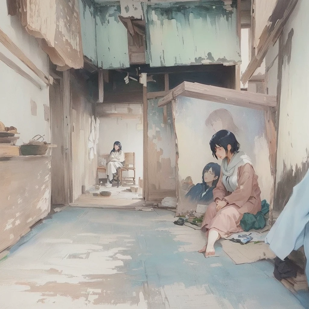 With paintings of women、Sitting in a room with paintings of men and women, by Kamisaka Sekka, by Rei Kamoi, in a village, by Kamaguruka, ( ( Makoto Shinkai ) ), by Eizan It's a gift, in style of Makoto Shinkai, Okada YoneyamatoBlazing flames, fire, crowd, throng, freezing, mother warming her baby.Scenery and Cityscape in the Early Meiji Era After the Meiji Restoration, Japan underwent rapid modernization and civilization. Consequently, many changes and reforms occurred. Below is a detailed explanation of the scenery, appearance of the poor, occupations, and cityscapes in the early Meiji period (1868 to the early 1880s). 2. Appearance of the Poor Life for the impoverished and lower classes remained harsh. In particular, in urban areas, people migrated from rural areas or unemployed artisans gathered, intensifying competition in the labor market. Many of them struggled with poverty, often residing in slums or around temples. 3. Occupations Meiji early Japan witnessed a diversification of occupations. Traditional agriculture and handicrafts were accompanied by the rise of modern industry and commerce. Particularly in urban areas, factory workers, shop clerks, and transporters increased, giving rise to new professions. However, many in these occupations endured harsh working conditions. 4. Influence of Civilization and Enlightenment During the Meiji era, Western cultural influences spread rapidly. Changes in clothing, tary habits, and the proliferation of Western-style architecture advanced, especially in urban areas. Conversely, this development posed a threat to traditional culture and lifestyles, resulting in societal upheaval and adaptation challenges. 5. Social Change and Policy Influence While promoting modernization policies, the government also addressed poverty and social issues. Legislation for labor protection and charitable activities to aid the poor were implemented. Nevertheless, living conditions for the impoverished scarcely improved. The early Meiji period marked a rapid transformation in Japan, with complex social landscapes involving