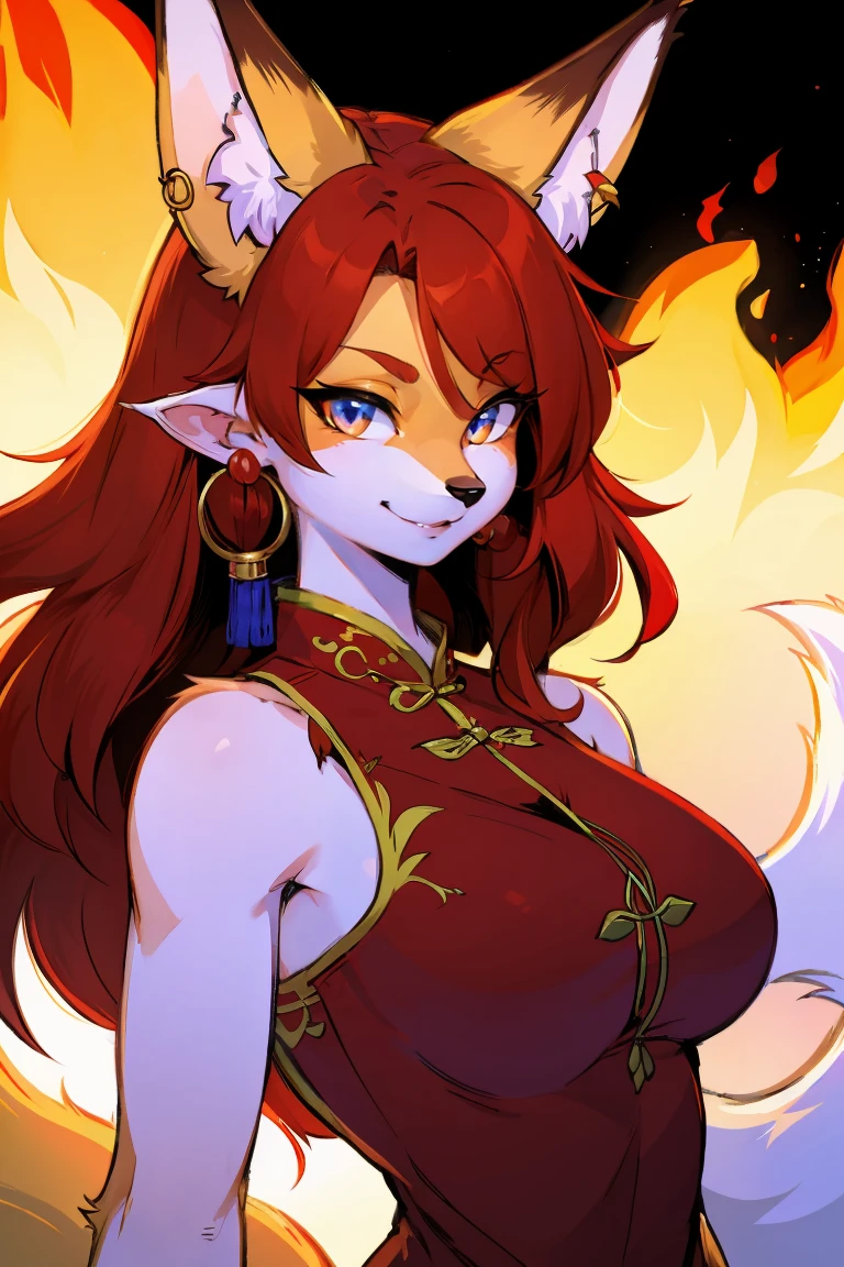 masterpiece, best quality, highres, ah3, kushina_uzumaki, facial mark, long hair, red hair, blue eyes, (((red multiple tails, red fox ninetails, red fox ears))), magical girl, naked body, slim body, large breasts, front view, bracelet, necklace, hair clip, sexy pose, smile, standing, volcano, (((holding a perfect fireball in one hand)))