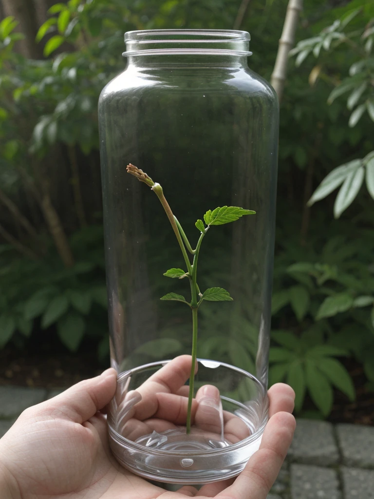 The bottle should have a slight curve in the center, similar to a hip, and be a little wider than usual. The bottle must be completely transparent. Fill the bottle with water, and also fill a similar glass of water. The bottle cap must have a bamboo straw integrated into one piece. On both sides of the bottle, place blue flowers and beautiful leaves. Adjust the lighting to be hyper-realistic, with the light coming from the left side. Make sure everything appears to be in the same place at the same time. Don't stretch the image.