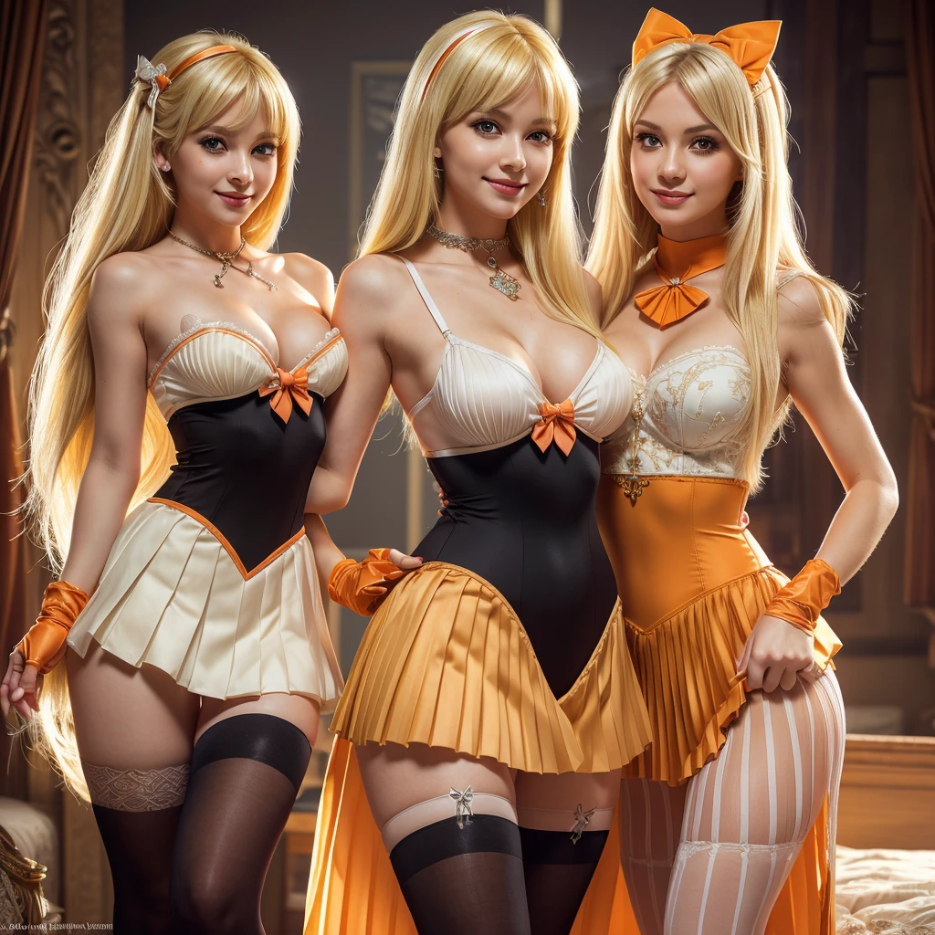 Beautiful 3 girl, full body shot, (blonde hair, straight blonde hair: 1.28), clear skin, (princess peach's face and hair), pale skin, medium breasts, cleavage, (thin hips, thin waist , athletic body: 1.25), (stockings), detailed skin, smile open mouth), black and silver and orange color scheme, highly detailed)), 8k textures, soft light, elegant, highly detailed, sharp focus, soothing tones, hyperdetailed, low contrast, hdr, faded, bed, ((sailor venus outfit, long gloves, jewelry, make-up, glowing red eyes, smile, open mouth, pleated skirt, Bosque, leotard, pleated skirt, bow on chest, knee high stockings)) realistic, side by side