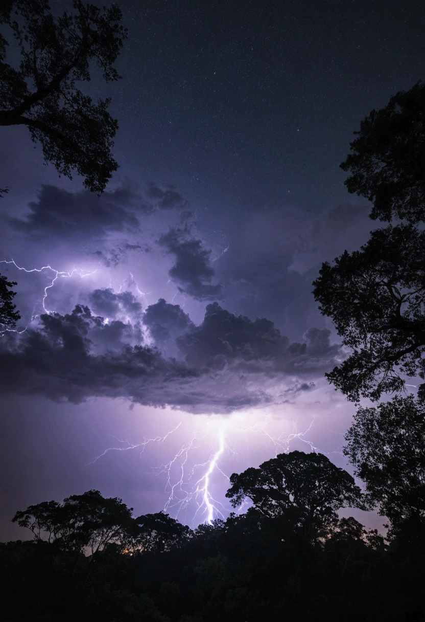 Lightning is seen striking against the dark night sky. The Lightning has the silhouette of the astrological sign of Scorpio. The point of view is that of a person in a forest looking up at the sky and watching the Lightning strike, violently illuminating the treetops. Besides, Some stars can be seen between the clouds.. The moon is not visible. 