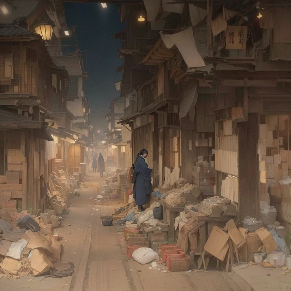 Person sitting on wooden floor々Group painting, by Kamisaka Sekka, Tokyo Anime Scene, Xin Haicheng, Inspired by Kano Naizen, Inspired by Carl Spitzweg, Traditional Japanese concept art, By Chen Jill, Old Japanese street market, inspired by Tōshi Yoshida, Night Scene Blazing Flames, fire, crowd, throng, freezing, mother warming her baby.Scenery and Cityscape in the Early Meiji Era After the Meiji Restoration, Japan underwent rapid modernization and civilization. Consequently, many changes and reforms occurred. Below is a detailed explanation of the scenery, appearance of the poor, occupations, and cityscapes in the early Meiji period (1868 to the early 1880s). 2. Appearance of the Poor Life for the impoverished and lower classes remained harsh. In particular, in urban areas, people migrated from rural areas or unemployed artisans gathered, intensifying competition in the labor market. Many of them struggled with poverty, often residing in slums or around temples. 3. Occupations Meiji early Japan witnessed a diversification of occupations. Traditional agriculture and handicrafts were accompanied by the rise of modern industry and commerce. Particularly in urban areas, factory workers, shop clerks, and transporters increased, giving rise to new professions. However, many in these occupations endured harsh working conditions. 4. Influence of Civilization and Enlightenment During the Meiji era, Western cultural influences spread rapidly. Changes in clothing, dietary habits, and the proliferation of Western-style architecture advanced, especially in urban areas. Conversely, this development posed a threat to traditional culture and lifestyles, resulting in societal upheaval and adaptation challenges. 5. Social Change and Policy Influence While promoting modernization policies, the government also addressed poverty and social issues. Legislation for labor protection and charitable activities to aid the poor were implemented. Nevertheless, living conditions for the impoverished scarcely improved. The early Meiji period marked a rapid transformation in Japan, with c