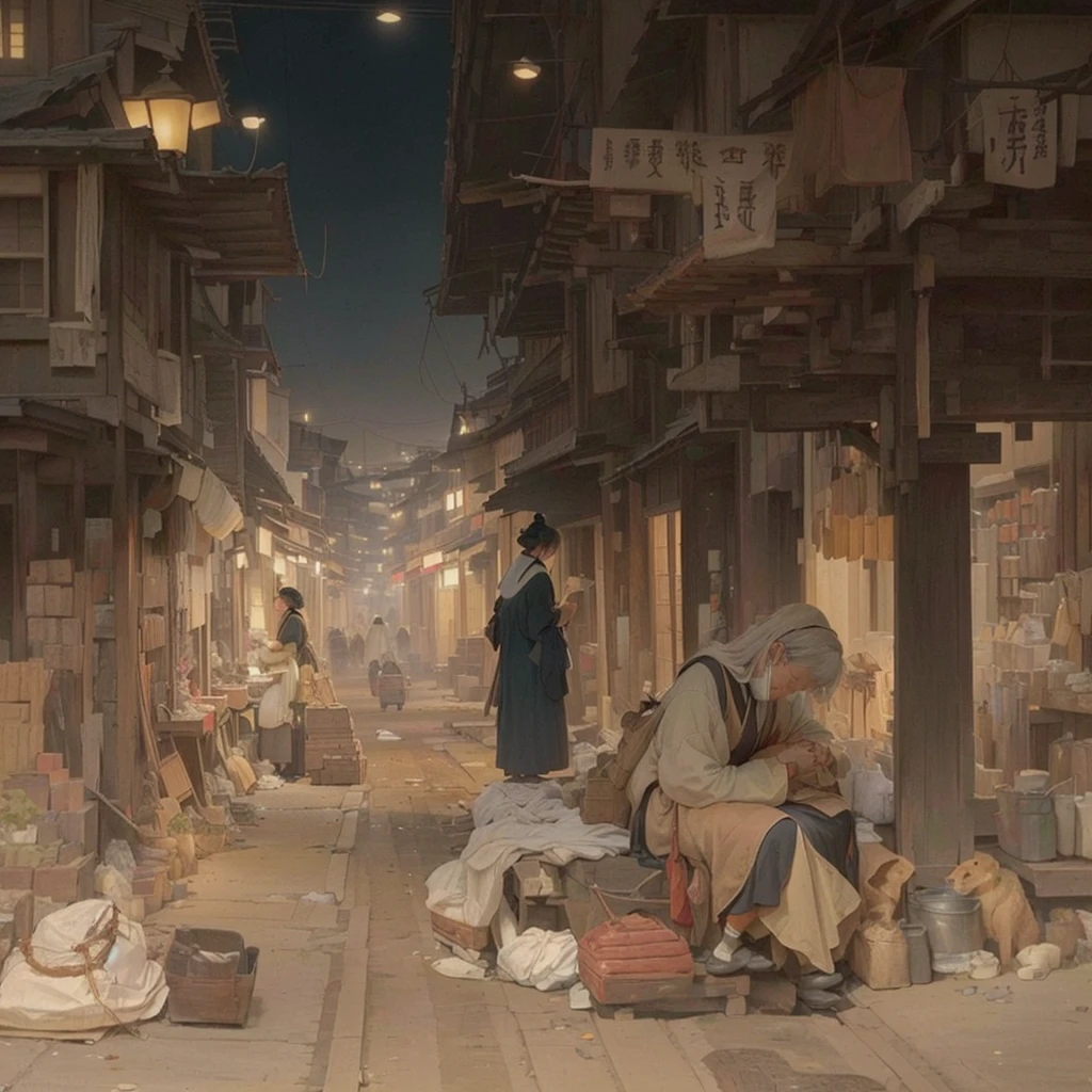Person sitting on wooden floor々Group painting, by Kamisaka Sekka, Tokyo Anime Scene, Xin Haicheng, Inspired by Kano Naizen, Inspired by Carl Spitzweg, Traditional Japanese concept art, By Chen Jill, Old Japanese street market, inspired by Tōshi Yoshida, Night Scene Blazing Flames, fire, crowd, throng, freezing, mother warming her baby.Scenery and Cityscape in the Early Meiji Era After the Meiji Restoration, Japan underwent rapid modernization and civilization. Consequently, many changes and reforms occurred. Below is a detailed explanation of the scenery, appearance of the poor, occupations, and cityscapes in the early Meiji period (1868 to the early 1880s). 2. Appearance of the Poor Life for the impoverished and lower classes remained harsh. In particular, in urban areas, people migrated from rural areas or unemployed artisans gathered, intensifying competition in the labor market. Many of them struggled with poverty, often residing in slums or around temples. 3. Occupations Meiji early Japan witnessed a diversification of occupations. Traditional agriculture and handicrafts were accompanied by the rise of modern industry and commerce. Particularly in urban areas, factory workers, shop clerks, and transporters increased, giving rise to new professions. However, many in these occupations endured harsh working conditions. 4. Influence of Civilization and Enlightenment During the Meiji era, Western cultural influences spread rapidly. Changes in clothing, dietary habits, and the proliferation of Western-style architecture advanced, especially in urban areas. Conversely, this development posed a threat to traditional culture and lifestyles, resulting in societal upheaval and adaptation challenges. 5. Social Change and Policy Influence While promoting modernization policies, the government also addressed poverty and social issues. Legislation for labor protection and charitable activities to aid the poor were implemented. Nevertheless, living conditions for the impoverished scarcely improved. The early Meiji period marked a rapid transformation in Japan, with c