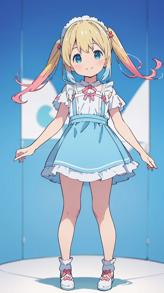 ((masterpiece))((Highest quality))girl、smile、blush、Flat Chest、Are thin、Blonde Hair、blush、Are standing、Whole body image、Eye level to the feet、front、No background、真frontのアングル、Blue clothes、Two-tone white and blue hair、Twin tails、Red Alice outfit