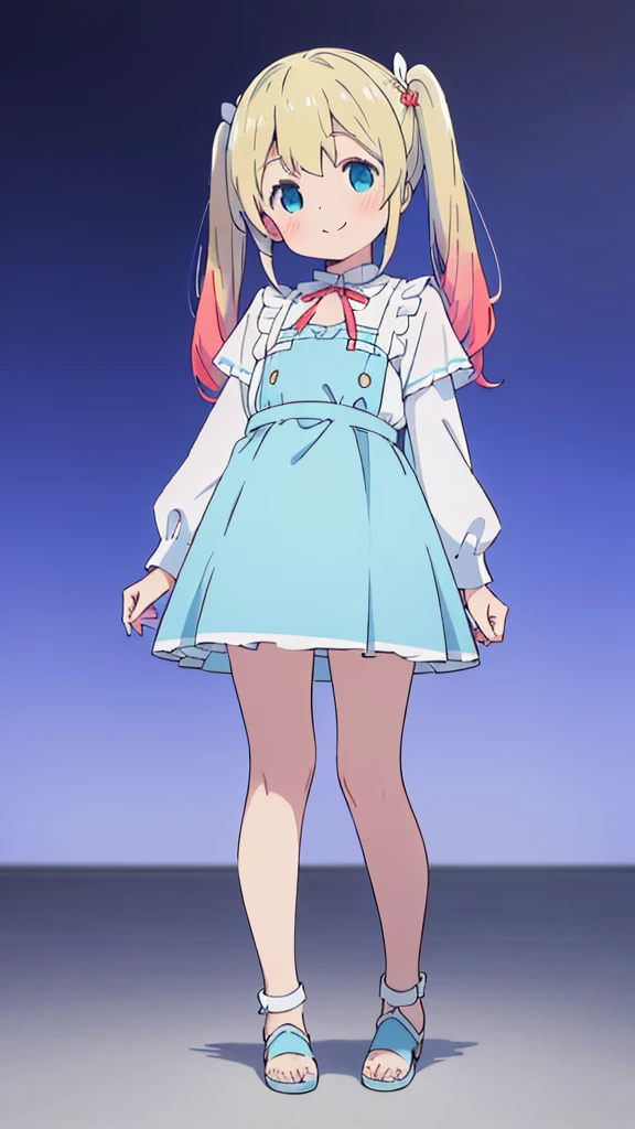 ((masterpiece))((Highest quality))girl、smile、blush、Flat Chest、Are thin、Blonde Hair、blush、Are standing、Whole body image、Eye level to the feet、front、No background、真frontのアングル、Blue clothes、Two-tone white and blue hair、Twin tails、Red Alice outfit