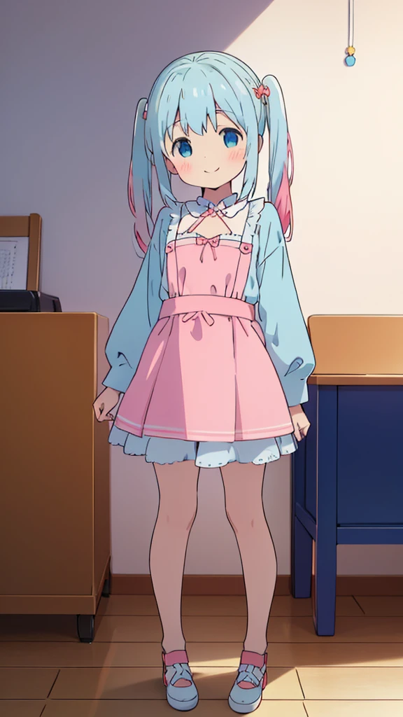 ((masterpiece))((Highest quality))girl、smile、blush、Flat Chest、Are thin、Blonde Hair、blush、Are standing、Whole body image、Eye level to the feet、front、No background、真frontのアングル、Blue clothes、Two-tone white and blue hair、Twin tails、Red Alice outfit