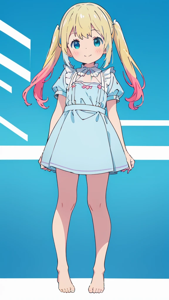 ((masterpiece))((Highest quality))girl、smile、blush、Flat Chest、Are thin、Blonde Hair、blush、Are standing、Whole body image、Eye level to the feet、front、No background、真frontのアングル、Blue clothes、Two-tone white and blue hair、Twin tails、Red Alice outfit