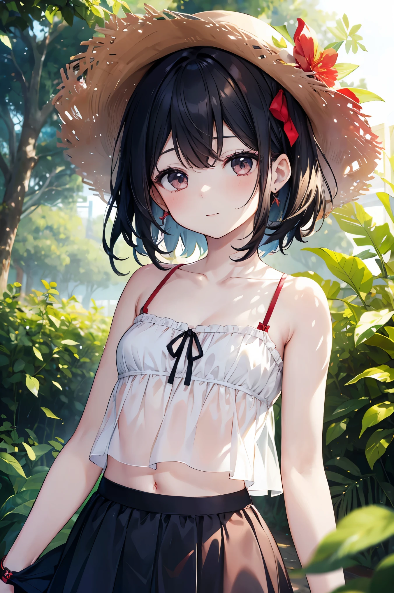 Summer Park, Camisole that shows your belly、Shapely bust、sexy、Cool mini skirt、Red straw hat、Laughter、Red cheeks、A cute little beautiful face of a shining 17 year old,Cute beauty、Black-haired,Small Face Beauty,Pale skin,Glowing Skin,Pale black eyes and bright, Dazzling and beautiful light、Stand as if dancing、Hair blowing in the wind