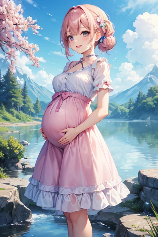 (highest quality、masterpiece、8k、best image quality、hyper realism、Award-winning work)、1 pregnant woman、(独奏:1.1)、(1 photo:1.1)、(Height: 140cm:1.1)、(low length:1.1)、(ta:1.1)、(Feminine and girly cute accessories:1.1)、(フェミニンでガーリーな可愛いLolita少女:1.1)、(Elegant pastel light blue T-shirt:1.1)、(Pastel light pink berry long flare skirt:1.1)、(late pregnancy:1.2)、Standing gracefully、(Random beautiful nature scenery background:1.1)、(Spectacular and mysterious scenery:1.1)、(beautiful clear sky:1.1)、(beautiful thunder clouds:1.1)、Full body photo of a woman standing gracefully with the biggest smile looking at me、accurate anatomy、perfect makeup、long eyelashes、glossy lips、Ultra high definition glossy skin、(Ultra-high definition bright and beautiful skin:1.1)、Ultra-high definition glossy lips、Super high definition beautiful teeth