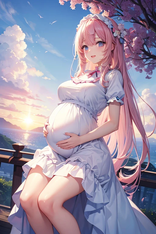 (highest quality、masterpiece、8k、best image quality、hyper realism、Award-winning work)、1 pregnant woman、(独奏:1.1)、(1 photo:1.1)、(Height: 140cm:1.1)、(low length:1.1)、(ta:1.1)、(Feminine and girly cute accessories:1.1)、(フェミニンでガーリーな可愛いLolita少女:1.1)、(Elegant pastel light blue T-shirt:1.1)、(Pastel light pink berry long flare skirt:1.1)、(late pregnancy:1.2)、Standing gracefully、(Random beautiful nature scenery background:1.1)、(Spectacular and mysterious scenery:1.1)、(beautiful clear sky:1.1)、(beautiful thunder clouds:1.1)、Full body photo of a woman standing gracefully with the biggest smile looking at me、accurate anatomy、perfect makeup、long eyelashes、glossy lips、Ultra high definition glossy skin、(Ultra-high definition bright and beautiful skin:1.1)、Ultra-high definition glossy lips、Super high definition beautiful teeth