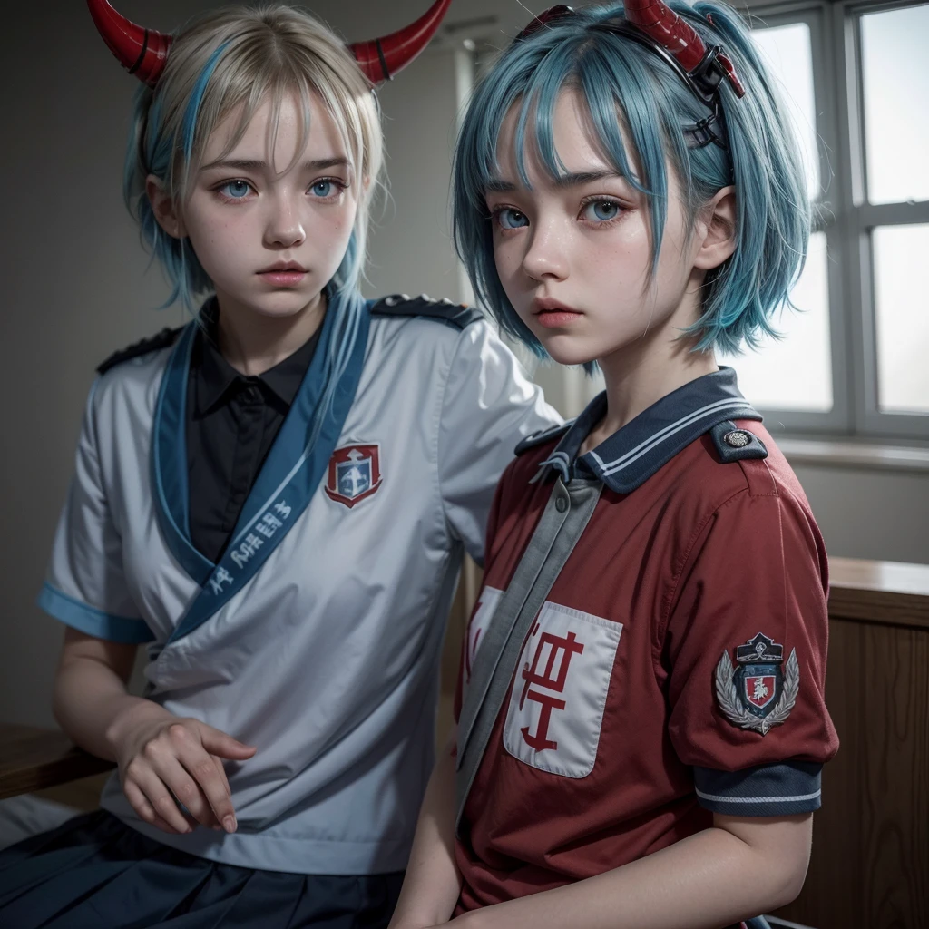 A 16-year-old girl with short, light blue hair with red highlights and a horn on her side., red eyes with light gray and with the uniform of the U.A.