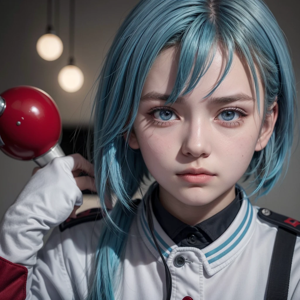A 16-year-old girl with short, light blue hair with red highlights and a horn on her side., red eyes with light gray and with the uniform of the U.A.