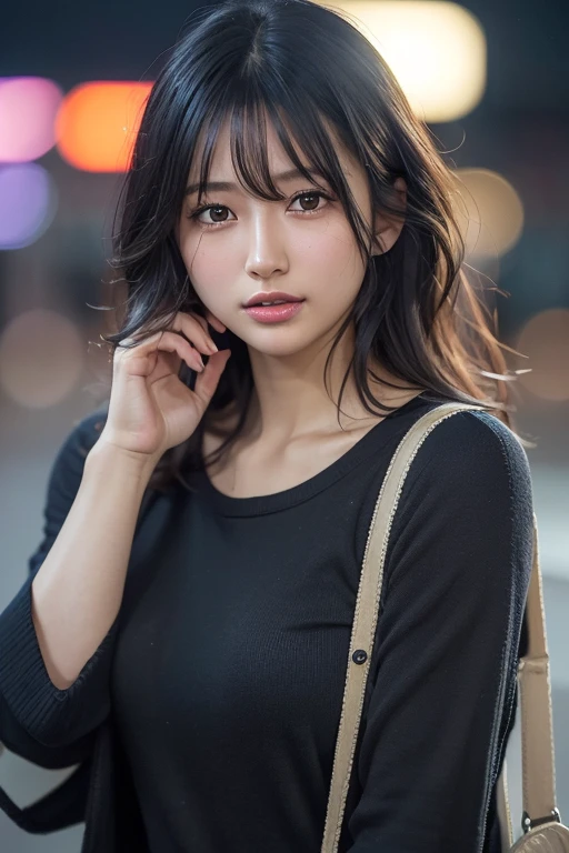 Random Pause, Mix 4, (8k, Original photo, Highest quality, masterpiece: 1.45), (Actual, Vibrant: 1.37), Skinny Japanese woman, One girl, charm, City view, night, rain, Wet, Professional Lighting, Photon Mapping, Radio City, Physically Based Rendering, Gradient black hair, Short Curly Hair, good looking, girl, T-Shirts, High resolution, 1080P, (Beautiful Face), (Detailed facial depiction), (Detailed description of the hand), (Detailed CG), Extreme light and shadow, Messy Hair, Lots of details, (exquisite features), (Highest quality photos), (Beautiful Eyes), Look in front of you, Thin clavicle,