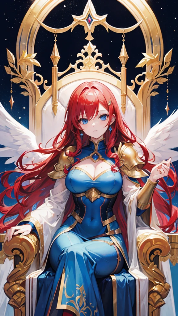 A woman with red curly hair, blue-eyed wearing golden armor with golden wings, sitting on a platinum throne
