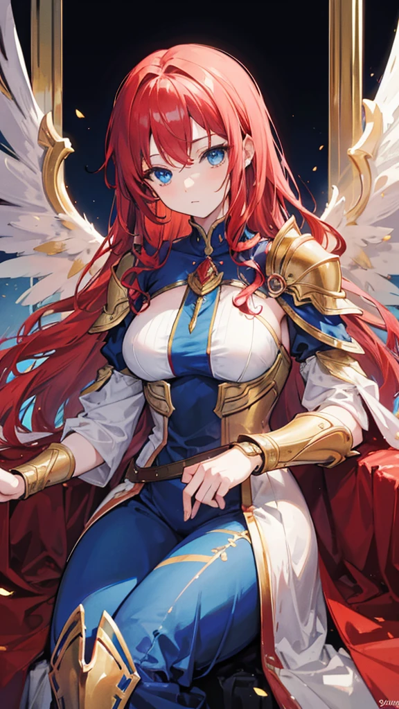 A woman with red curly hair, blue-eyed wearing golden armor with golden wings, sitting on a platinum throne