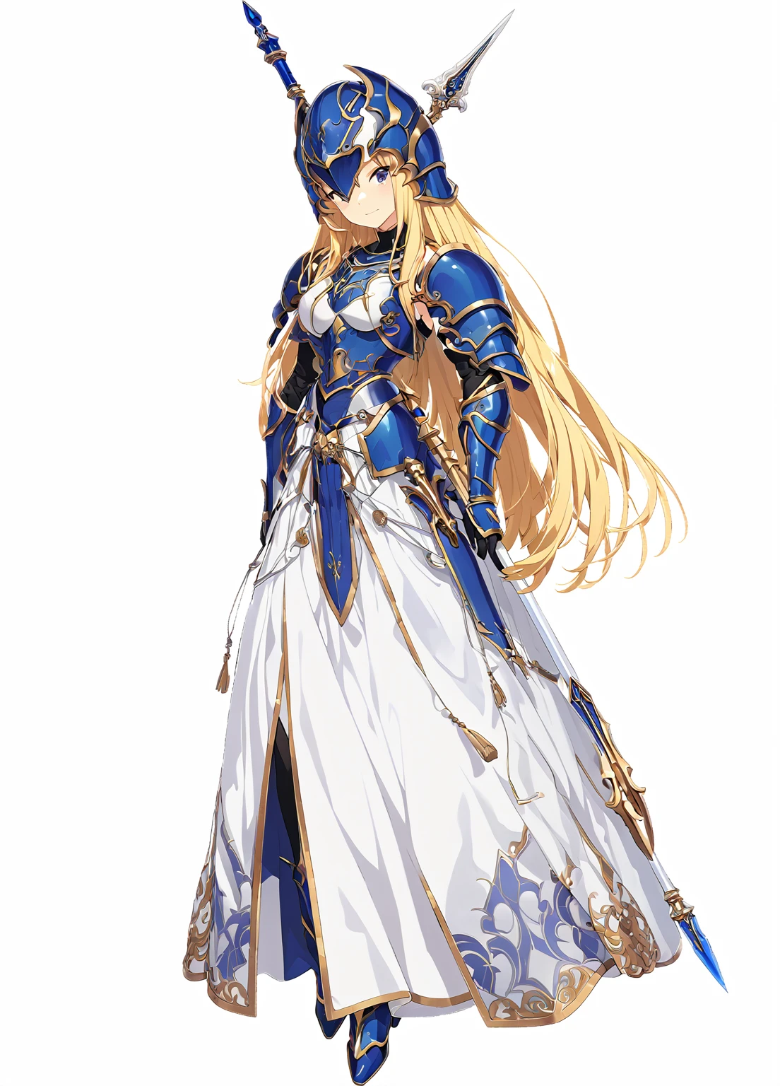 high quality, high resolution, high qualityのゲームアートスタイル, whole body,Valkyrie,perfect hand,Official Art, Smooth game CG art, Visual Novel Sprites, White background,Smooth game CG art, (((Woman with a long spear))),Woman wearing a white dress and blue armor, An intricately designed helmet with white feathers,Small shield, (((In his right hand he holds an elaborate long spear))),Exquisite Blue Armor,Golden Hair, long hair, female knight, Rin々Shii,Large Bust,20-year-old,