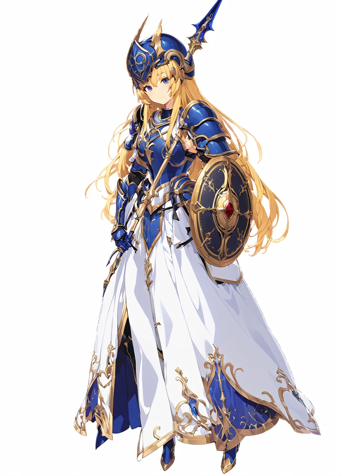 high quality, high resolution, high qualityのゲームアートスタイル, whole body,Valkyrie,perfect hand,Official Art, Smooth game CG art, Visual Novel Sprites, White background,Smooth game CG art, (((Woman with a long spear))),Woman wearing a white dress and blue armor, An intricately designed helmet with white feathers,Small shield, (((In his right hand he holds an elaborate long spear))),Exquisite Blue Armor,Golden Hair, long hair, female knight, Rin々Shii,Large Bust,20-year-old,