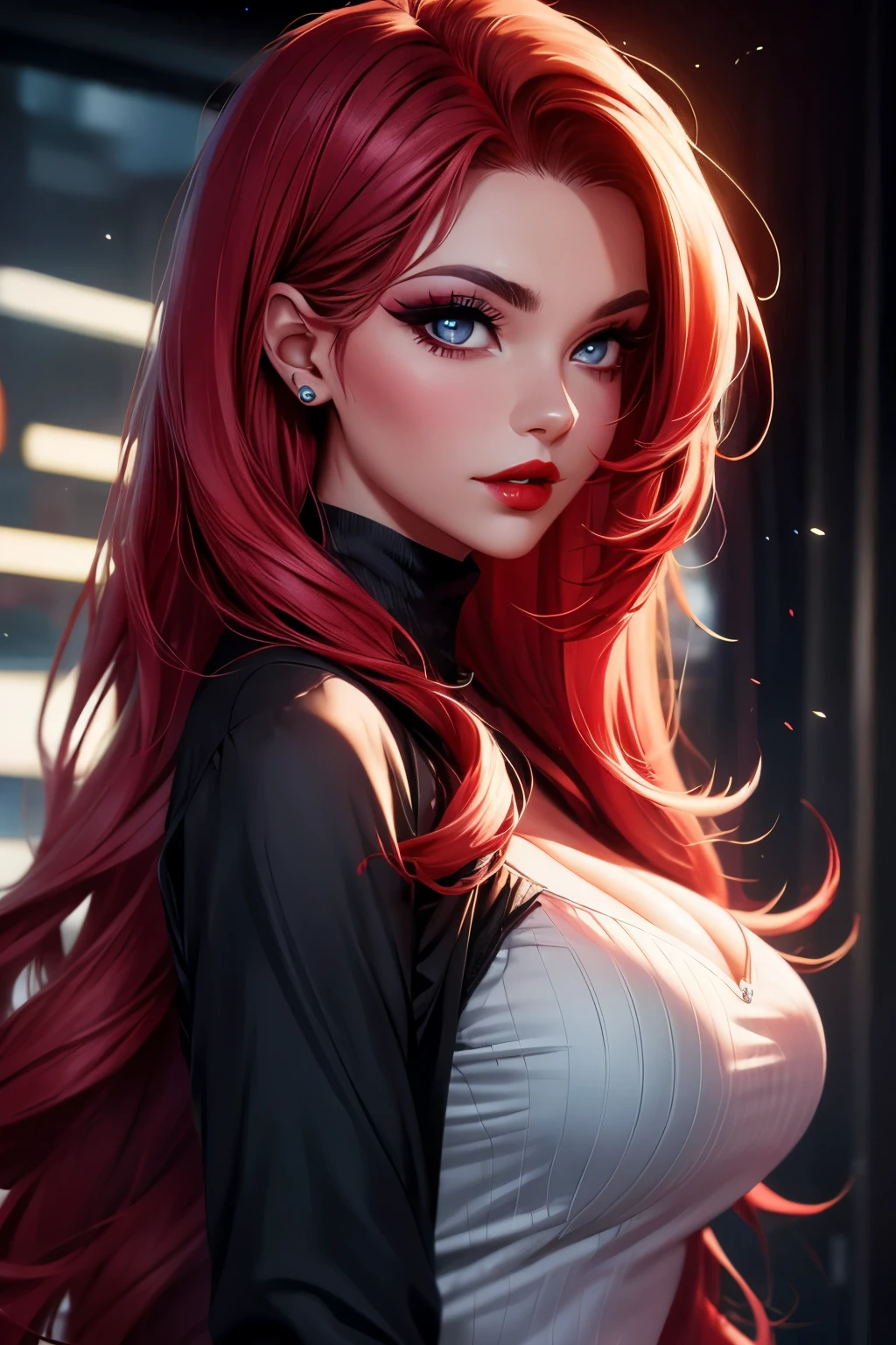 Miss Fortune, CG 8k ultra-realista, beautiful woman, seductive eyes, make-up, red lips, casual clothes