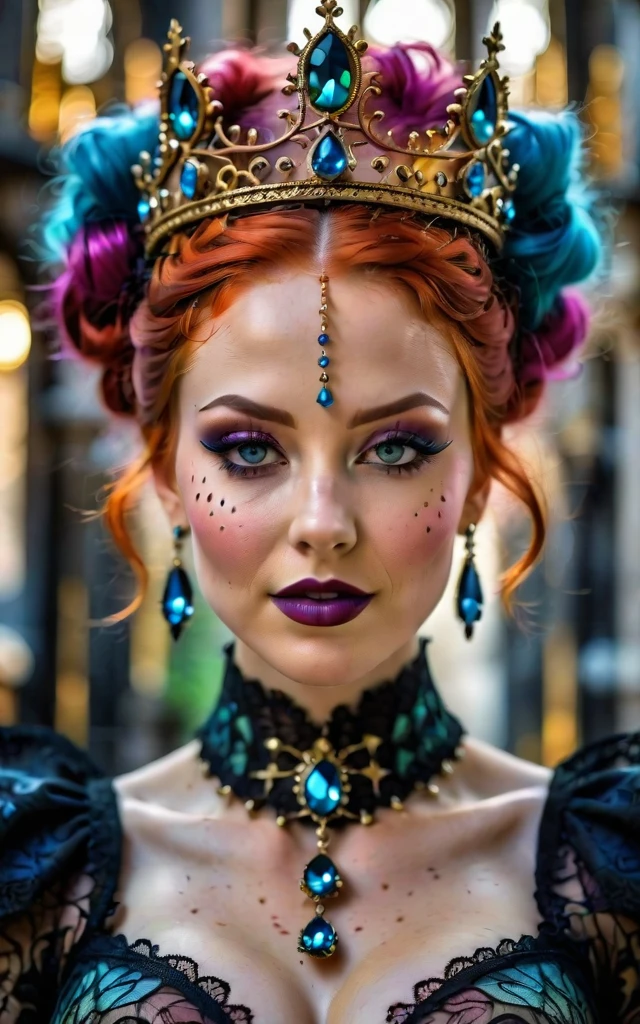 extremely voluptuous . close-up of a beautiful female face, gorgeous eyes, intricate, cleaft lips, smiling, naughty, seductive glance, freckles, crown, jewelry, (best quality, 4K, 8K, high-resolution, masterpiece), ultra-detailed, photorealistic, striking young woman, bold Neo-Gothic makeup, bold Neo-Gothic hair, vibrant Pop Art inspired outfit, intricate facial designs, modern fashion, high fashion, vibrant colors, digital art, extremely voluptuous tits