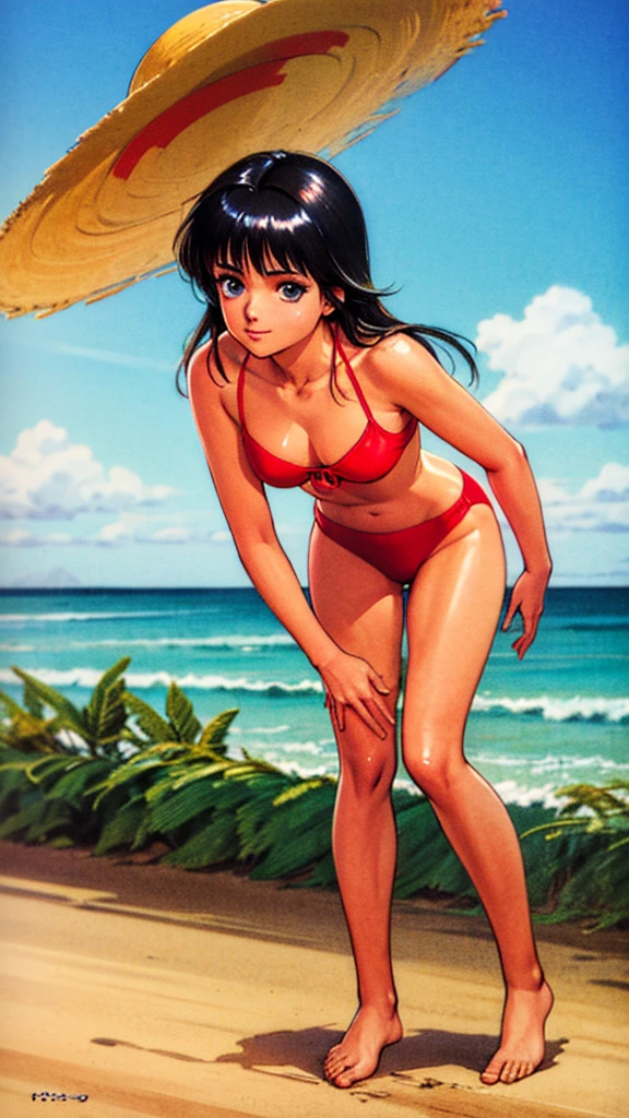 (masterpiece), high quality, high resolution, super detailed, realistic, illustration, (Madoka Ayukawa \(Kimagure Orange Road\):1), (Akemi Takada Style:1), beach, red bikini swimsuit, shiny skin, fair skin, straw hat, long black hair, reaching out, leaning forward, summer sunlight,