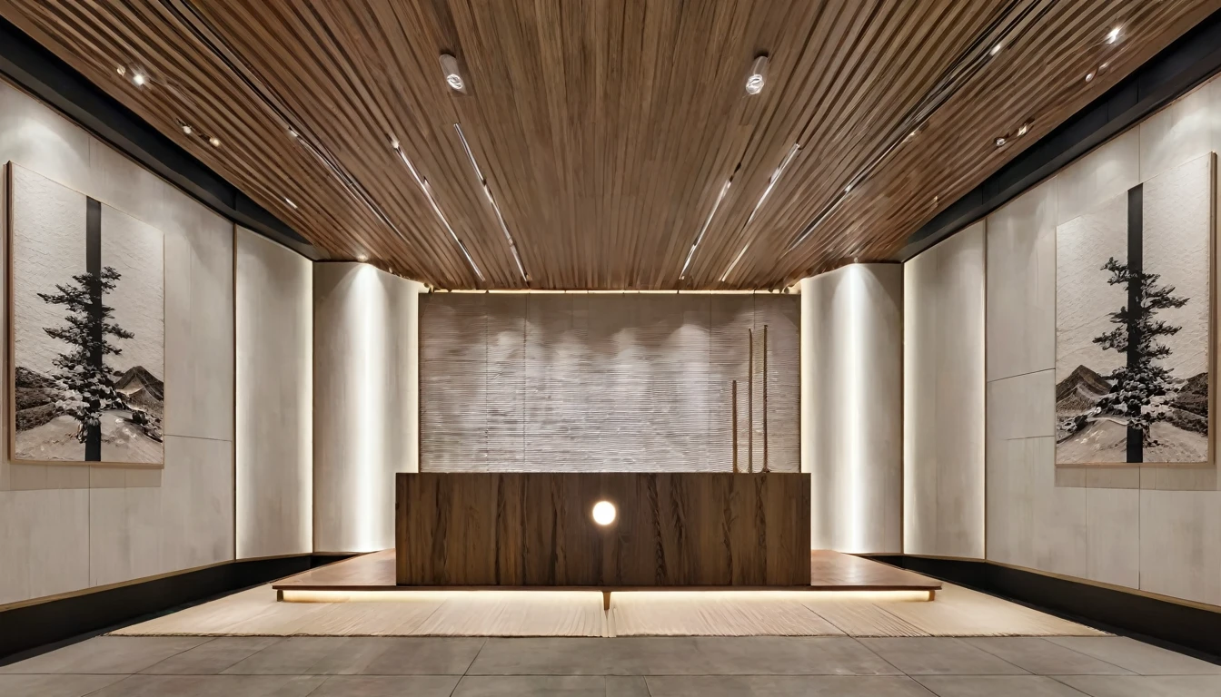8K, real, (realistic:1.2), exhibition, exhibition hall, background wall, company entrance, (front view:1.1), 24mm wide-angle lens, wood grain, metal, leather style, (Japanese light tone:1.1),
wall decoration
