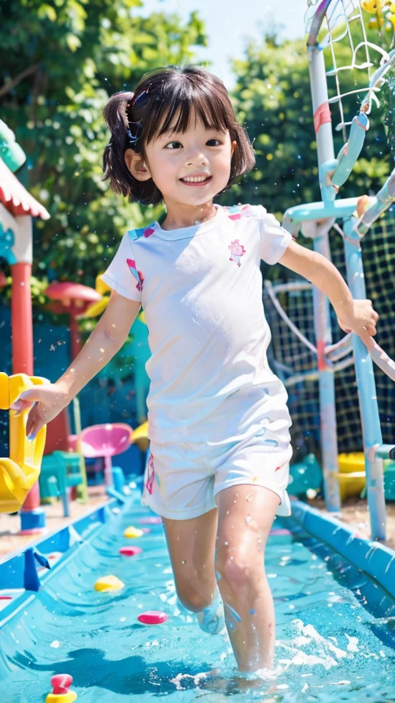 ((whole body)),((ultra detailed)),(small),((preschool age)), eight year old girl playing in a water park, short hair, white t-shirt that reaches to her thighs