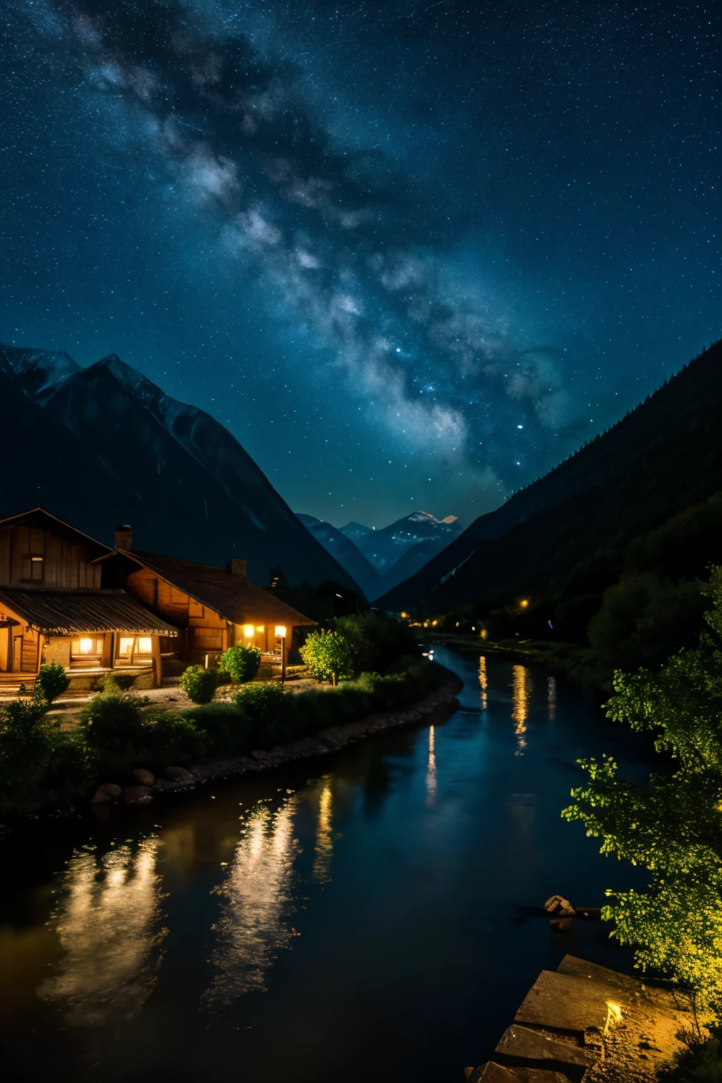 village，night，Mountains and rivers，river，Starry Sky