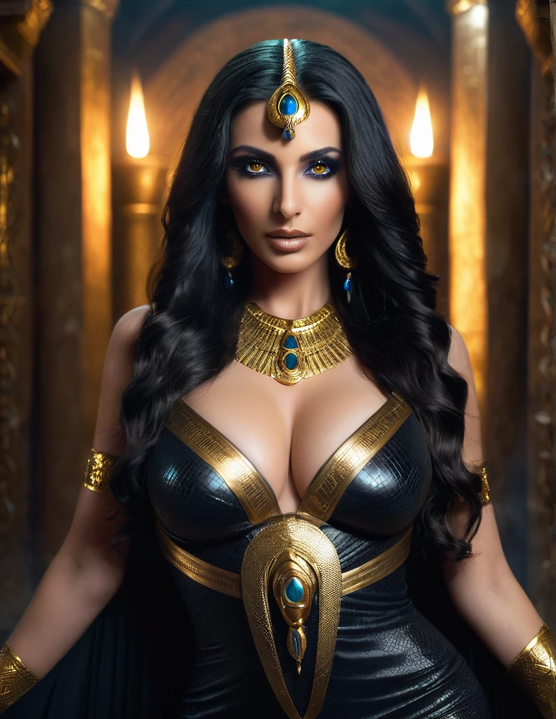 Nephthys épouse de seth, Egyptian sorceress, beautiful mature Egyptian goddess, snake skin, long flowing black hair, glowing golden eyes, reptilian pupils, swollen lactating breasts, form-fitting translucent black and gold dress, ancient Egyptian jewelry, standing in mysterious ancient temple, dramatic gothic dominatrix vibes, intense cinematic lighting, supernatural, breathtaking beauty and depth, (best quality,4k,8k,highres,masterpiece:1.2),ultra-detailed,(realistic,photorealistic,photo-realistic:1.37),HDR,UHD,studio lighting,ultra-fine painting,sharp focus,physically-based rendering,extreme detail description,professional,vivid colors,bokeh,fantasy,dark fantasy,occult,powerful,mystical,elegant,ethereal,chiaroscuro