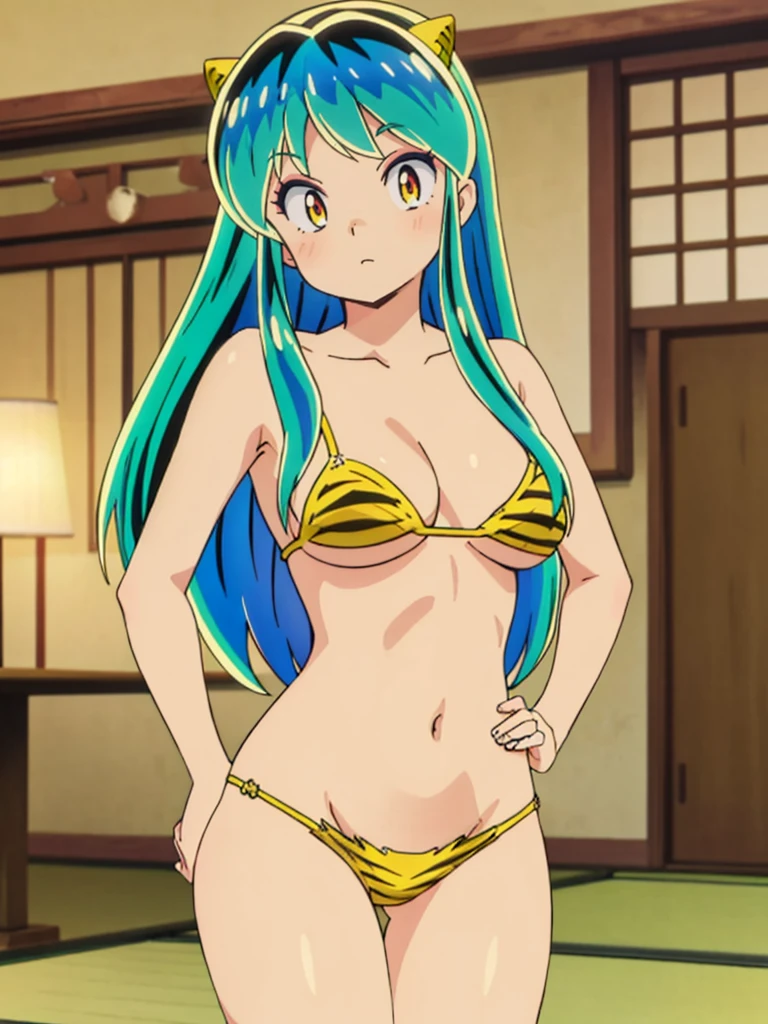 masterpiece, Highest quality, 1 Girl, Lum, Micro Bikini, anime, Charm, 18-year-old, sexy, blush, Stand with your feet apart, Hands on hips, Japan, Focus on the feet, High definition, From before, Japan, Green Hair, Cowboy Shot