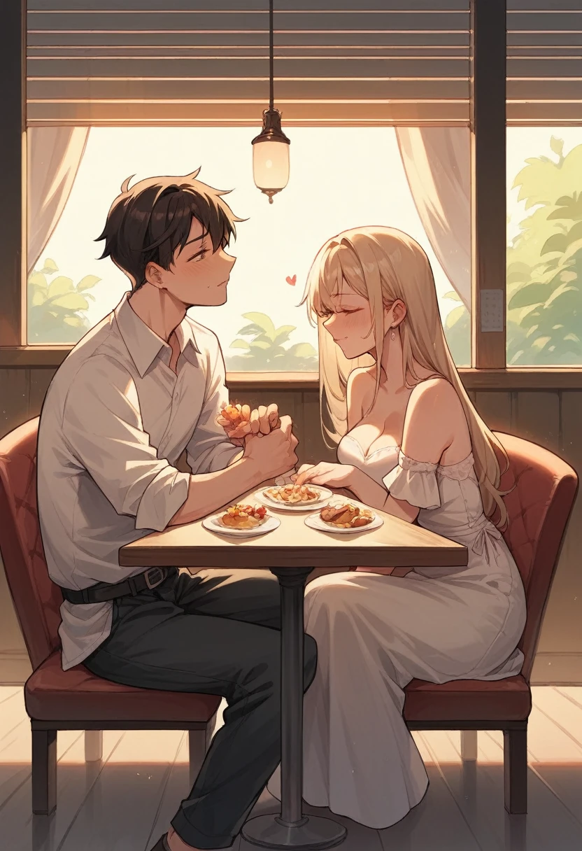 Wedding couple and girlfriend eat cheesecake in a restaurant