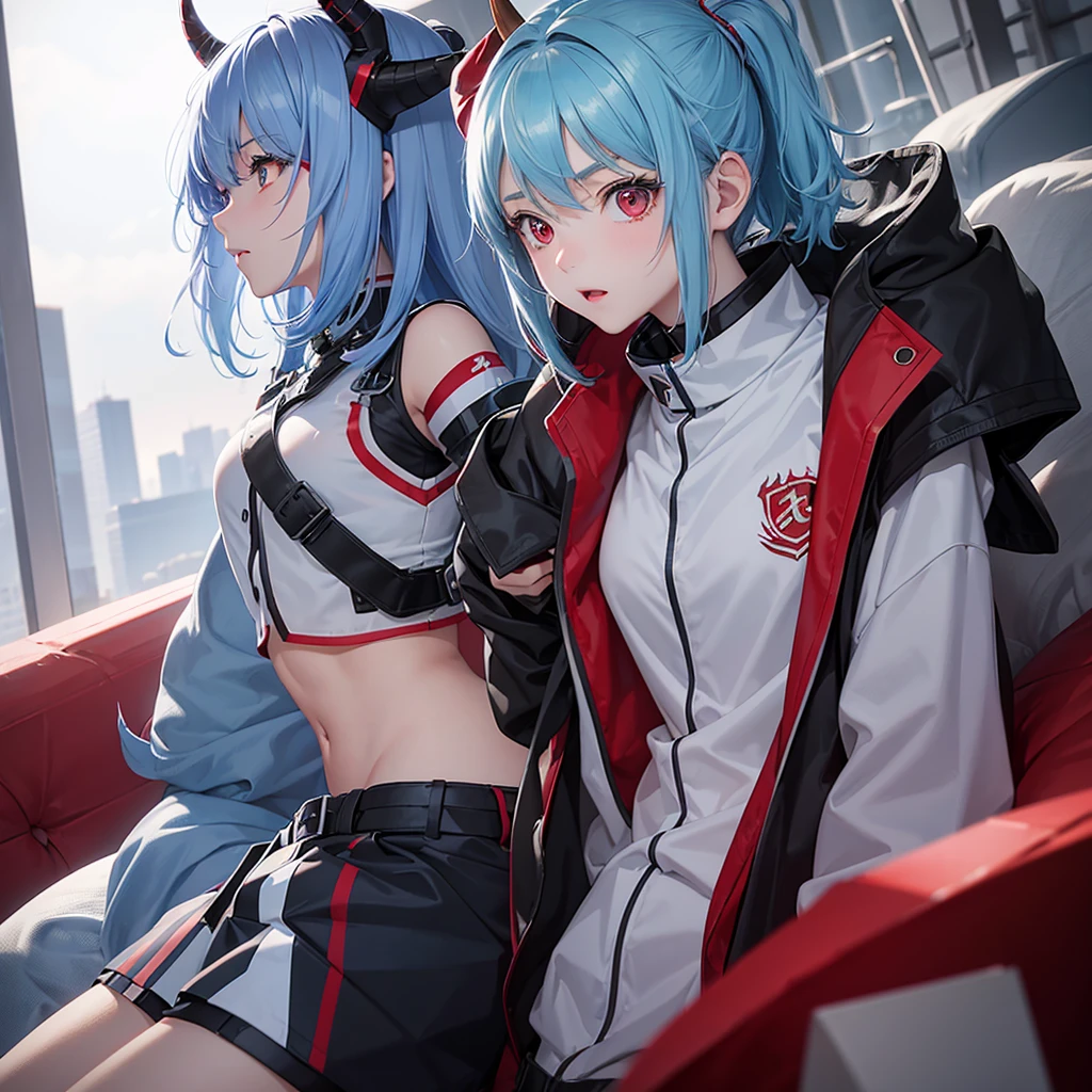 A with short, light blue hair with red highlights and a horn on her side., red eyes with light gray and with the uniform of the U.A.