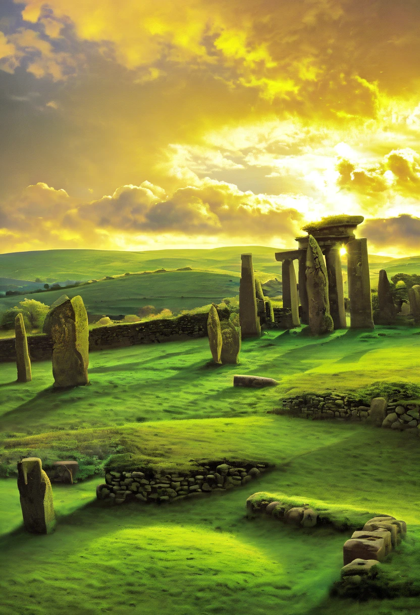 a celtic landscape with standing stones, druidic sanctuary, irish countryside, (pre-raphaelite painting, medieval style), detailed landscape, dramatic lighting, moody atmosphere, lush greenery, rolling hills, ancient ruins, mystical energy, atmospheric haze, dramatic clouds, vibrant colors, golden hour lighting
