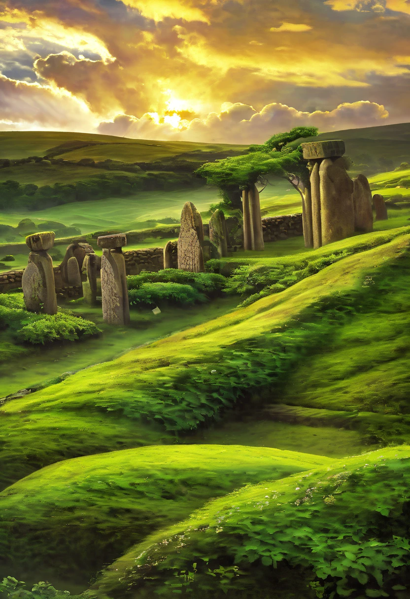 a celtic landscape with standing stones, druidic sanctuary, irish countryside, (pre-raphaelite painting, medieval style), detailed landscape, dramatic lighting, moody atmosphere, lush greenery, rolling hills, ancient ruins, mystical energy, atmospheric haze, dramatic clouds, vibrant colors, golden hour lighting
