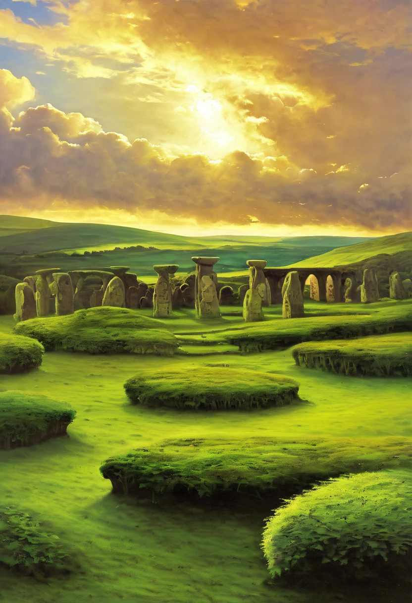 a celtic landscape with standing stones, druidic sanctuary, irish countryside, (pre-raphaelite painting, medieval style), detailed landscape, dramatic lighting, moody atmosphere, lush greenery, rolling hills, ancient ruins, mystical energy, atmospheric haze, dramatic clouds, vibrant colors, golden hour lighting
