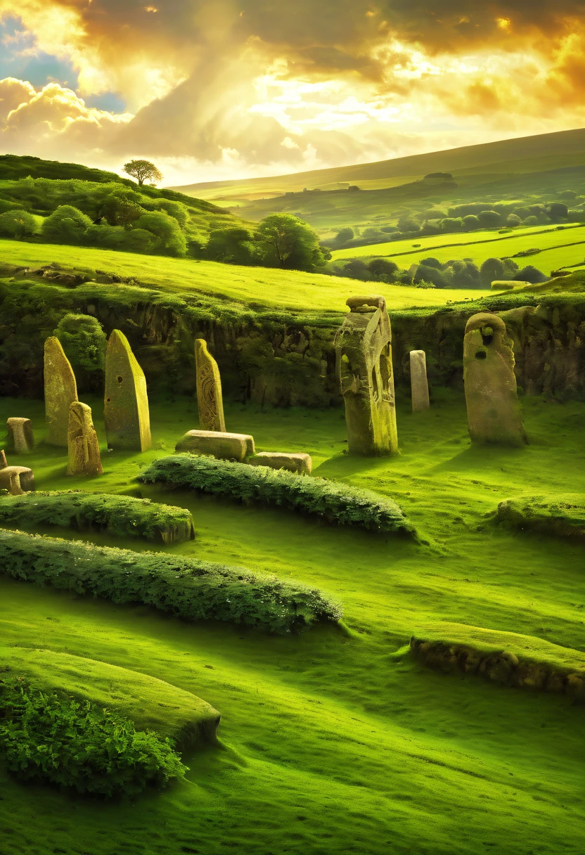 a celtic landscape with standing stones, druidic sanctuary, irish countryside, (pre-raphaelite painting, medieval style), detailed landscape, dramatic lighting, moody atmosphere, lush greenery, rolling hills, ancient ruins, mystical energy, atmospheric haze, dramatic clouds, vibrant colors, golden hour lighting
