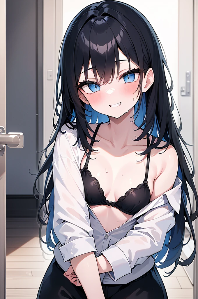 (8k、Best image quality、Highest quality、masterpiece)、Detailed face、One Girl、 girl、Black Hair、Bright Blue Eyes、Wicked Smile、((steam, sweat, Grin))、Small breasts、((Half Off Shoulder、Bra straps are visible、White oversized long shirt)), No underwear、Cowboy Shot、entrance、Open the door、(A big, muscular black man holds a young girl&#39;s shoulders:1.3)、Move the camera a little further away