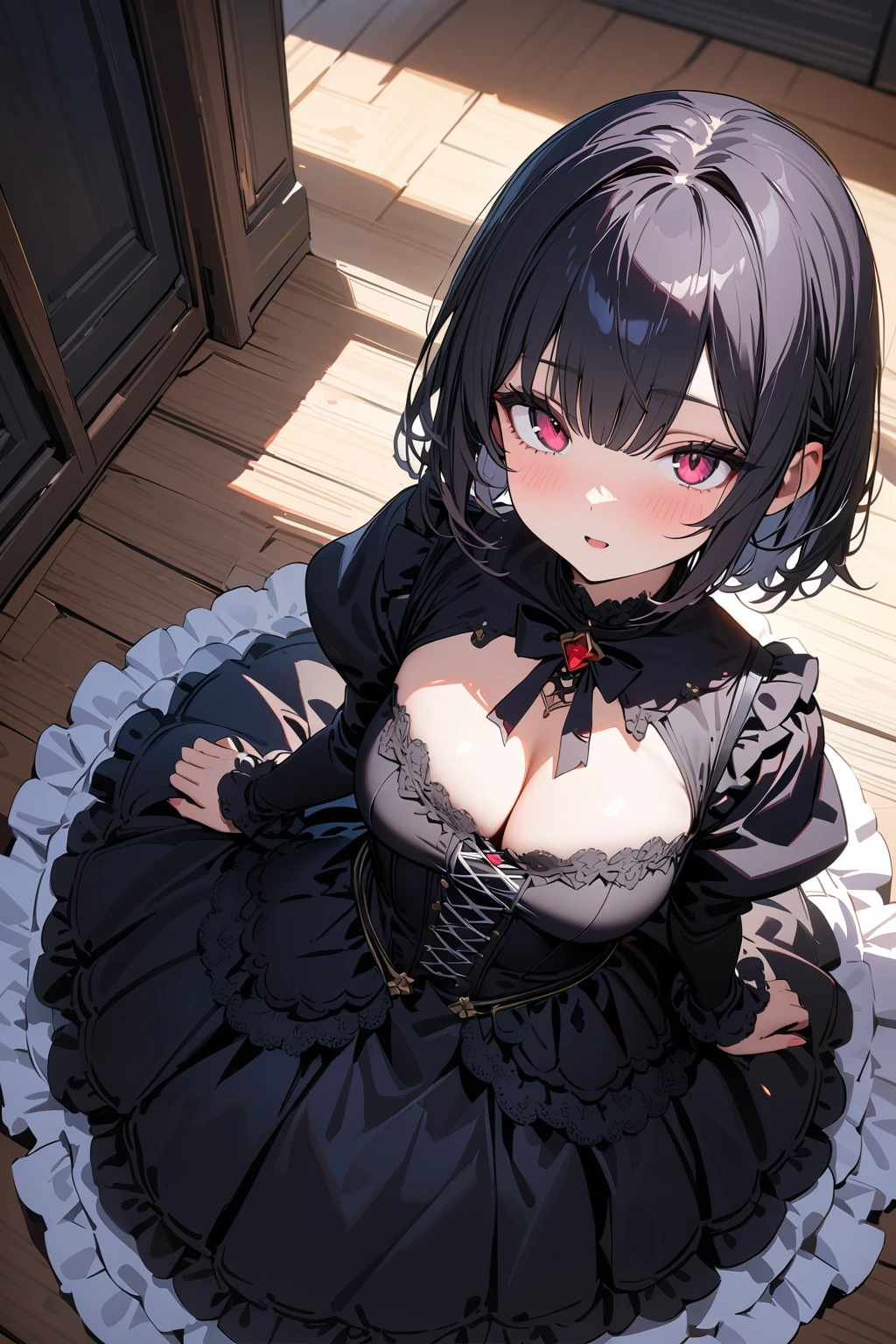 (masterpiece, best quality:1.5), (ultra detailed, high resolution, 8k, beautiful detailed, UHD, best anatomy), white bobo cut hair, medium breasts, 1 cute small girl, thin Gothic Lolita, from above, upturned eyes, One eye color is different from the other