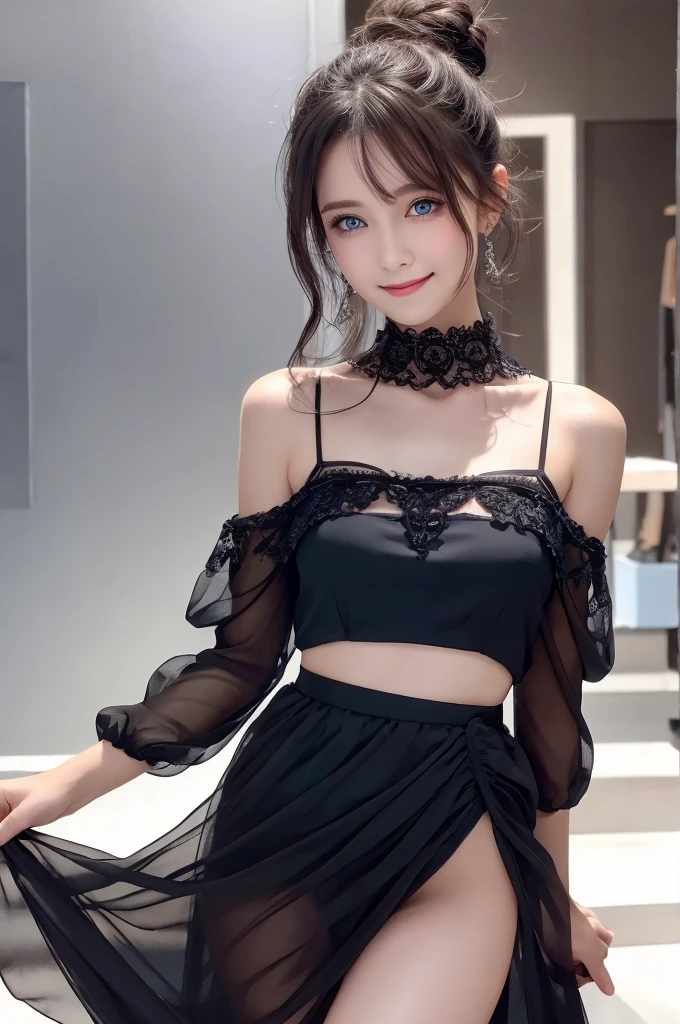 In a beautiful black sheer chiffon dress with intricate details that shape her body and with a short chiffon and tulle skirt.., very sexy and seductive..............:1.2, looking to the camera, cinematic lighting, perfect, Luz outfit, high resolution skin:1.2, realistic skin texture, 14 years、a small face、without makeup、, off the shoulders,bust cup b、small neckline, Blue eyes, bun hair, dark brown hair、photo size from head to mid thigh、background shouting at the target and with a smile