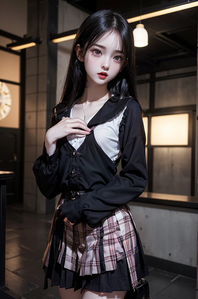 Highest quality, masterpiece, look up, cute,(Horror),(((Beautiful school girl))),(Sexy),(sexy),((Small breasts)),Baby Face,(Middle school students),Black Hair,Beautiful Style,((Pale skin)),Sensual look,Embarrassed,Sexy表情,Expressions of delight,(Dark atmosphere),(Dark atmosphere,fear),((Dim lighting))