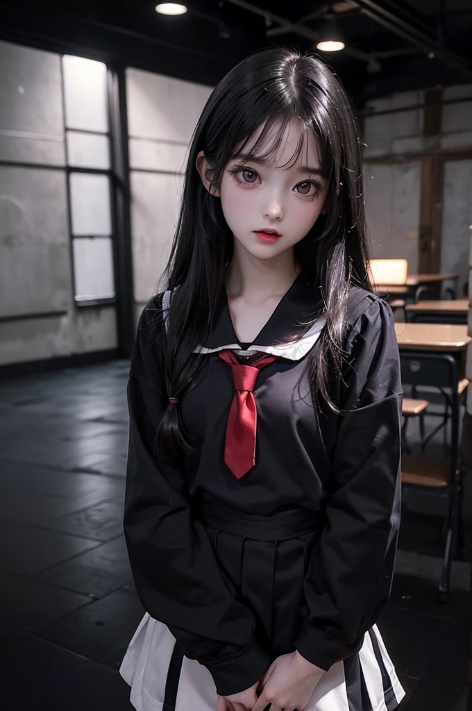 Highest quality, masterpiece, look up, cute,(Horror),(((Beautiful school girl))),(Sexy),(sexy),((Small breasts)),Baby Face,(Middle school students),Black Hair,Beautiful Style,((Pale skin)),Sensual look,Embarrassed,Sexy表情,Expressions of delight,(Dark atmosphere),(Dark atmosphere,fear),((Dim lighting))