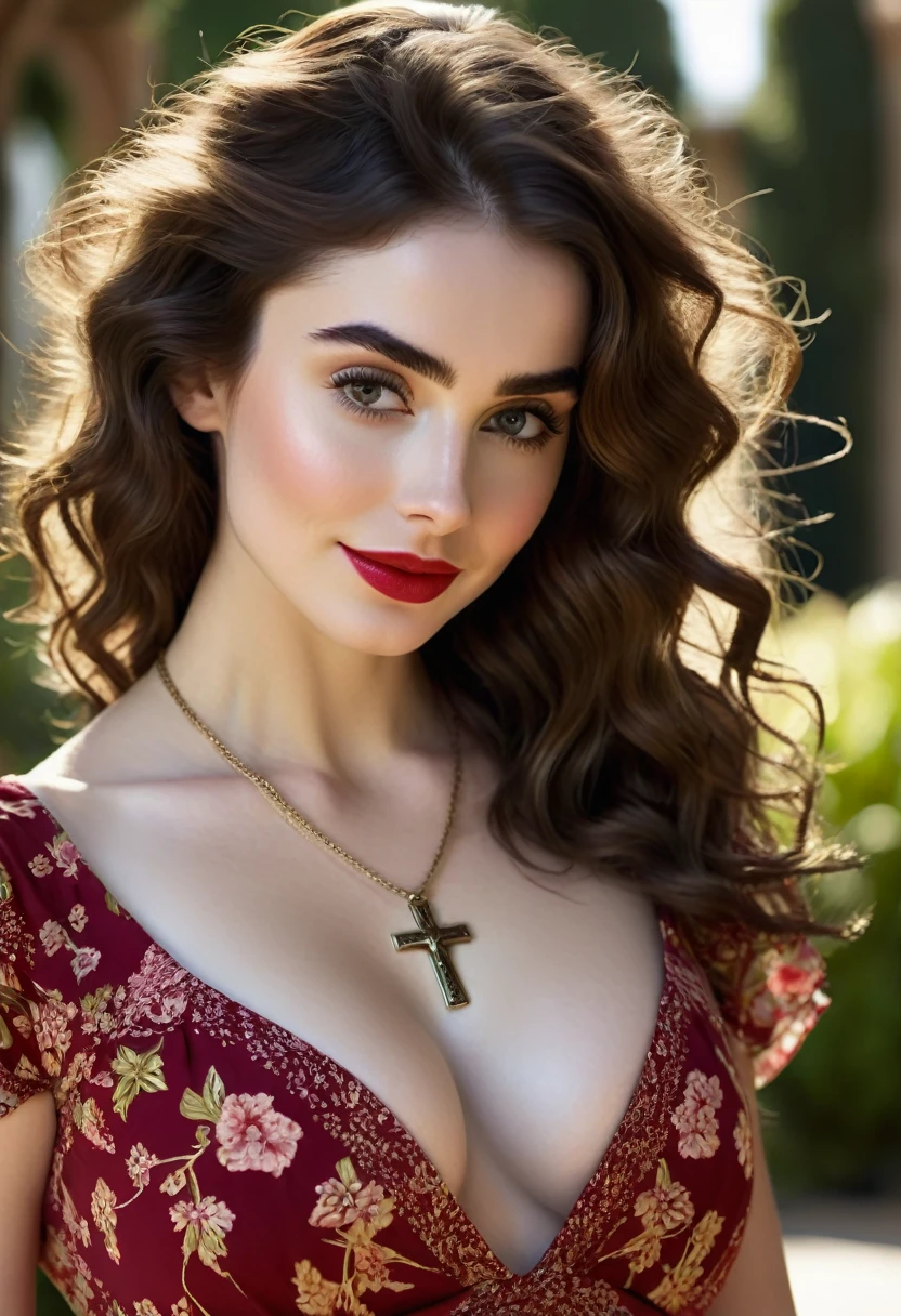A beautful jewish women with a thick bushy unibrow and cute nose. ultra Thick, intense, curly, frizzy, long brown hair. Hair that clogs a drain after one shower. Hair you find on pillows and in corners of the room and in your refrigerator six months after the head from which it grew last visited. Hair that could not be straightened even if you had four hours and three hairdressers double-fisting blow driers. Hair that screams: Jew. Traditional jewish dress, luxurious long dress、hat. curvy hourglass figure. Ultra HD, the symmetrical face, photorealistic photography, path tracing, specular lighting, and volumetric face light enhance the details. Epic lighting, striking silhouette. crucifix necklace. The symmetrical face, photorealistic photography, path tracing, specular lighting, and volumetric face light enhance the details. The scene is captured in maximum quality, masterpiece, 8K high resolution, and top quality. Lilly Collins. sexy pose, intoxicating smile. crimson lips. in a garden, flowing red sundress, bushy hair
