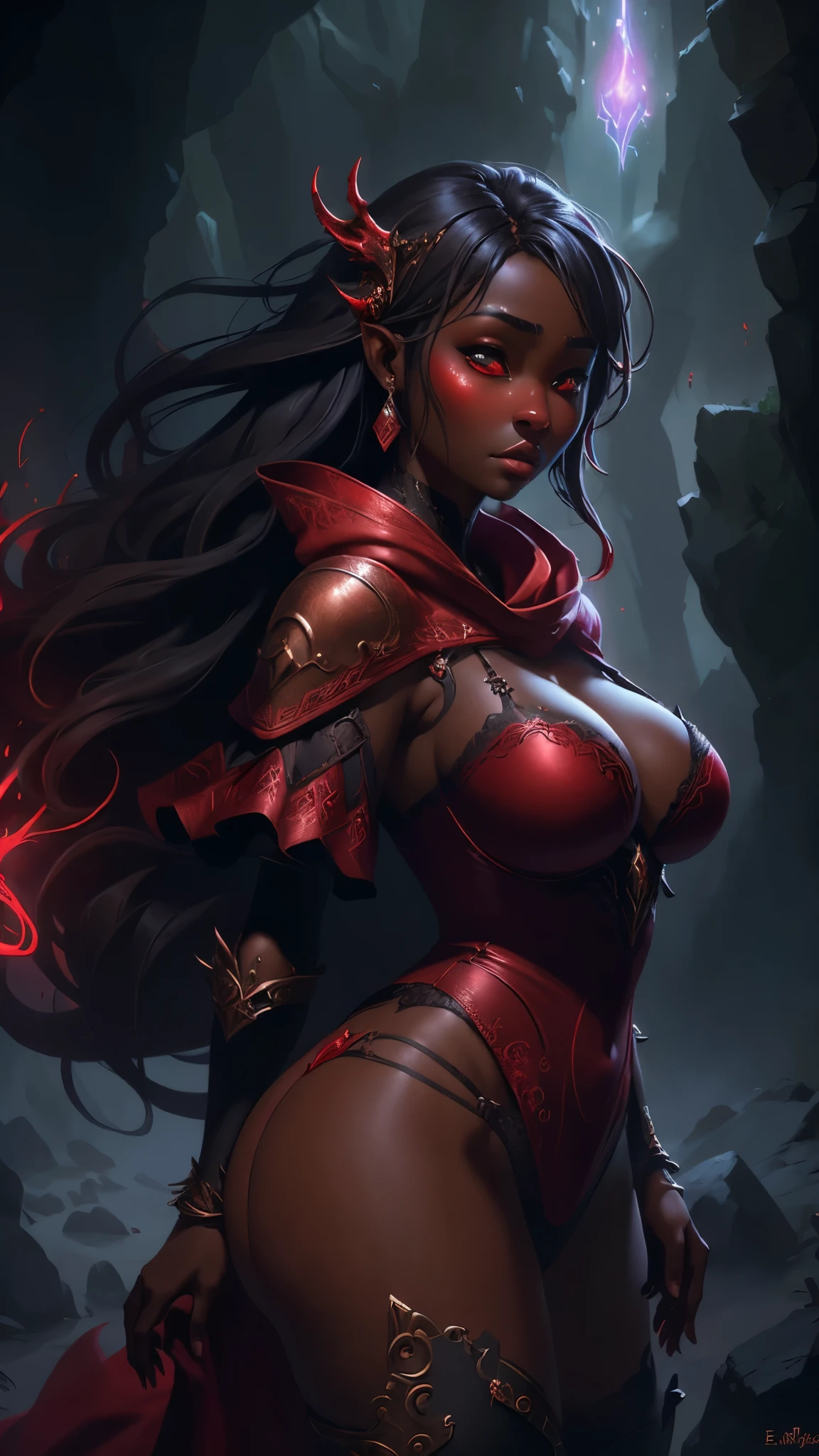 girl with big breasts, with exotic red clothing, dark ebony skin, round and big butt, Epic Fantasy Art Style HD, 4K fantasy art, epic fantasy digital art style, epic fantasy art style, Fantasy Woman, epic fantasy art portrait, Epic fantasy style, hyperrealistic fantasy art, hd fantasy art, Epic fantasy character art, epic fantasy art, in style of dark fantasy art, epic fantasy digital art, (iluminación cinematográfica :1.4), (estilo encaje lingerie red:1.4)