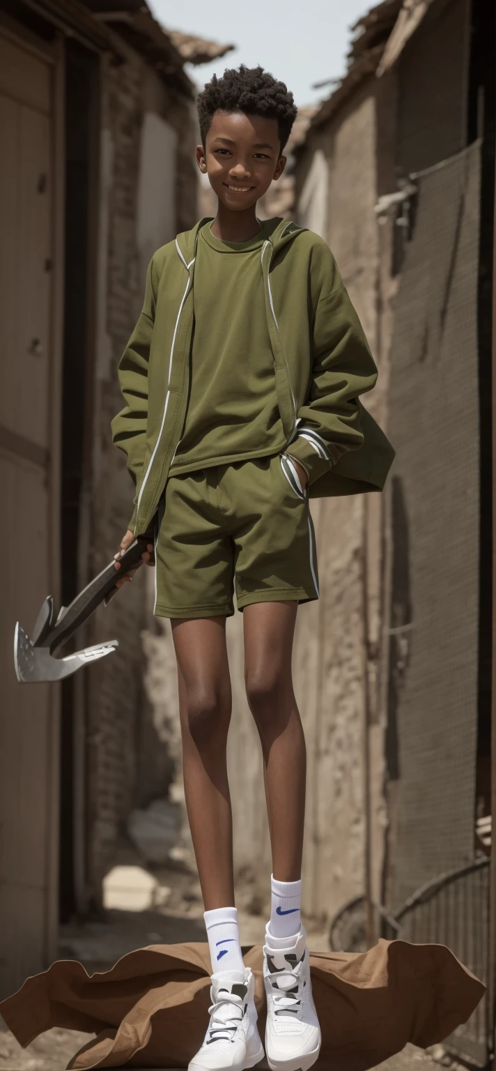  boy，Light brown skin，Blue sports shorts，Bright green top，High-top board shoes，Big round eyes，Very short hair，Tall and skinny，full-body shot，A junior high school student holding an axe，Smile，Bloodthirsty murder