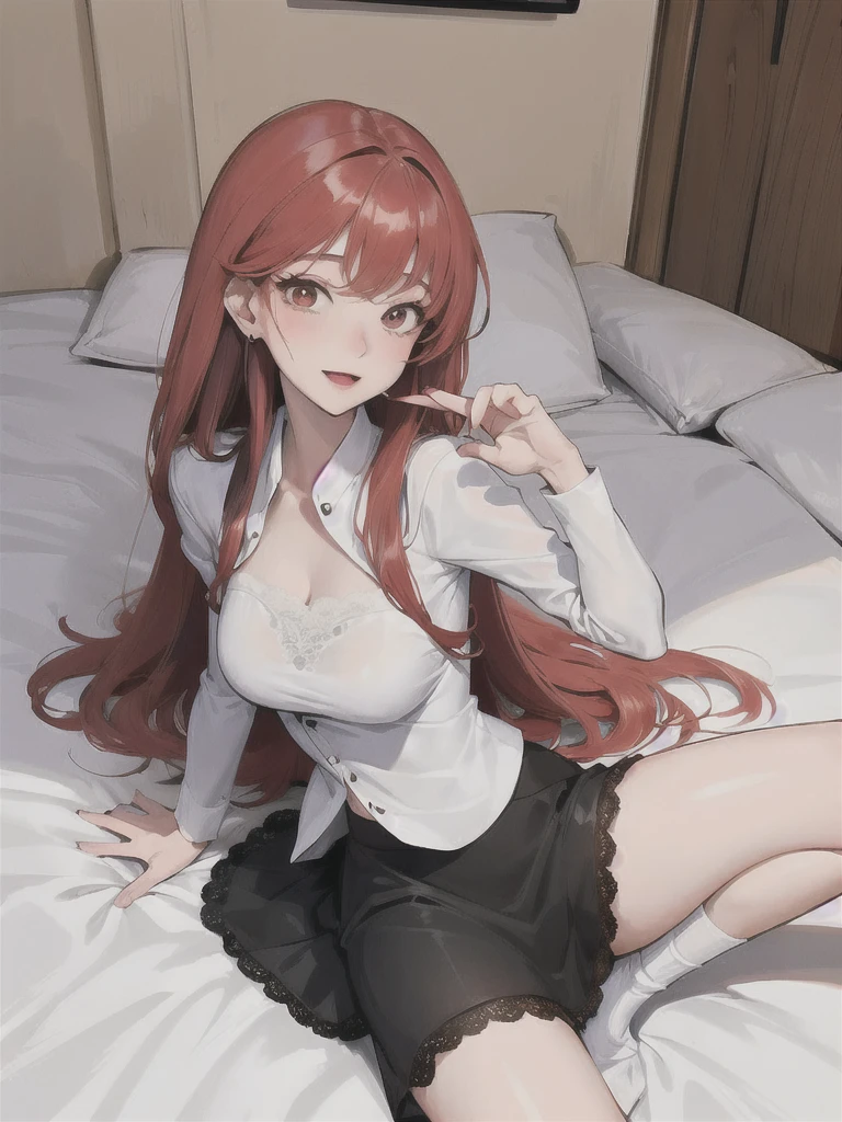 Playful girl in casual clothes, beautiful lace skirt and white socks, happy and cheerful, hand details, slender fingers, red hair, full body shot, lying on the big bed in her room
