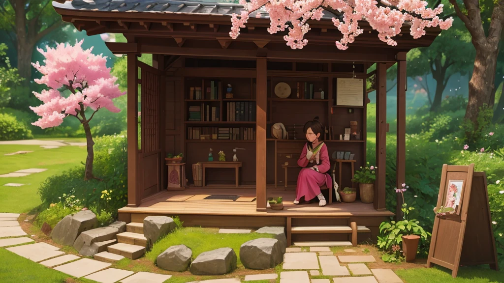 a sakura tree, a katana, a sword, a book and a potion