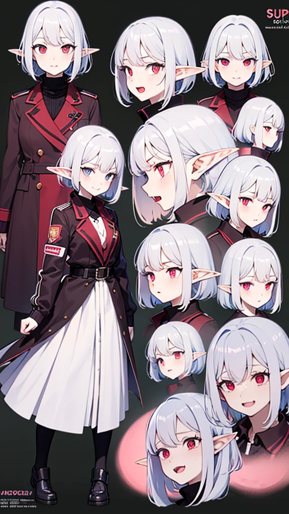 anime girl, grey hair, long hair, short hair, straight hair, bob cut, dilated pupils, devil pupils, open mouth, embarrassed, blush, tongue out, expressionless, naughty face, naughty, yandere, fang, rape face, anime, Conceptual art, high detail, anime style, reference sheet, from side, from below, from behind, from above, UHD, masterpiece, anatomically correct, super detail, high details, high quality, best quality, highres, 8k, caracter design, art concep, medical jacket, vampire, elf ear, front view, show fangs, pale skin, cool outfit, cute, adorable, full body, innocent, emosionless