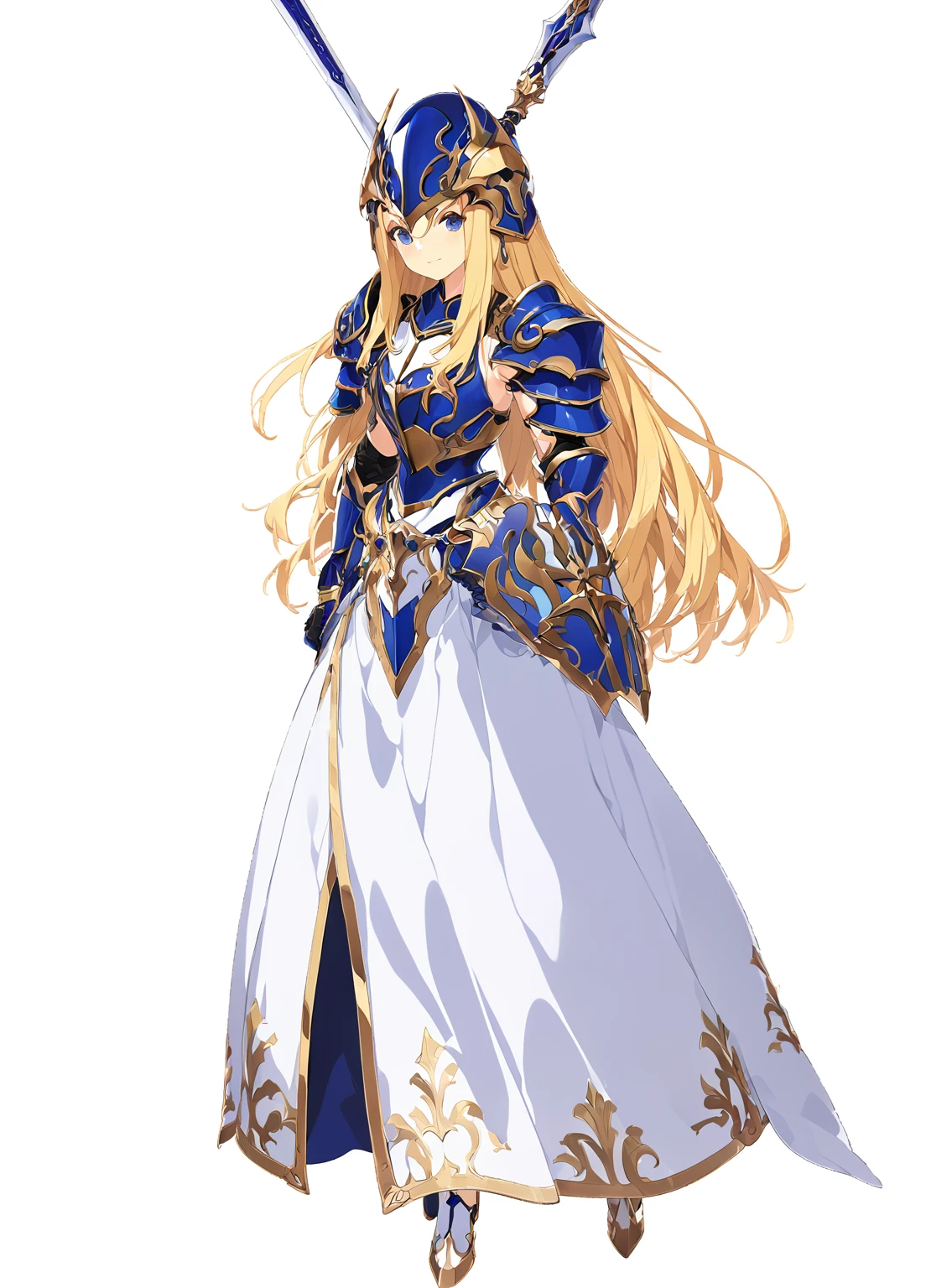 high quality, high resolution, high qualityのゲームアートスタイル, whole body,Valkyrie,perfect hand,Official Art, Smooth game CG art, Visual Novel Sprites, White background,Smooth game CG art, (((Woman with a long spear))),Woman wearing a white dress and blue armor, An intricately designed helmet with white feathers,Small shield, (((In his right hand he holds an elaborate long spear))),Exquisite Blue Armor,Golden Hair, long hair, female knight, Rin々Shii,Large Bust,20-year-old,