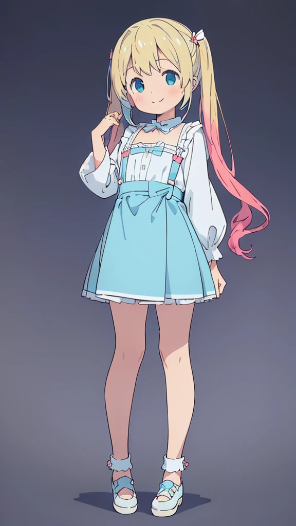 ((masterpiece))((Highest quality))girl、smile、blush、Flat Chest、Are thin、Blonde Hair、blush、Are standing、Whole body image、Eye level to the feet、front、No background、真frontのアングル、Blue clothes、Two-tone white and blue hair、Twin tails、Red Alice outfit